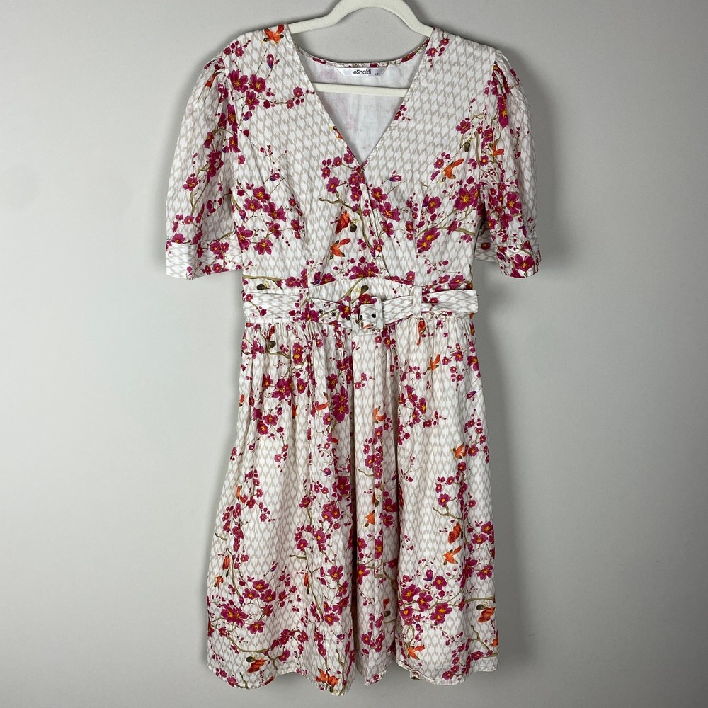 eShakti Belted Wrap Midi Dress Womens Large Floral Bird Pinup Fit‎ & Flare